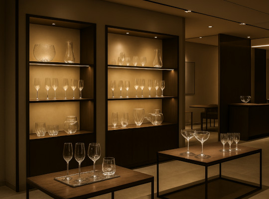 Modern glass showroom interior with elegant displays of glassware, warm ambient lighting, and sophisticated interior design showcasing luxury home accessories