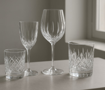 Artisan-crafted glass collection displayed in a modern minimalist setting, showing unique patterns, cut crystal details, and luxurious presentation with natural window light