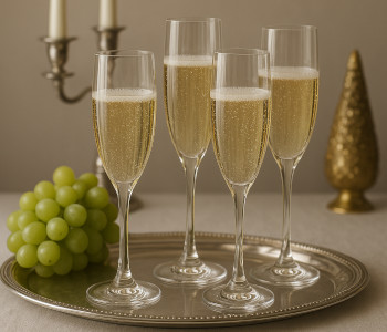 Elegant champagne flutes with tall stems, filled with bubbly champagne, arranged on a silver tray with grapes and elegant decor in the background