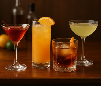 Set of premium cocktail glasses on a wooden bar counter, featuring various styles from martini glasses to old-fashioned tumblers, with cocktail ingredients visible in the background