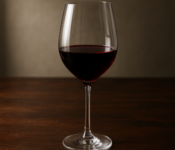 Premium crystal wine glass with long stem, elegant curves, filled with red wine